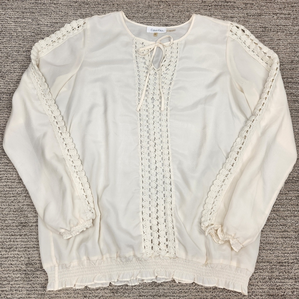 Calvin Klein Blouse Ivory Crochet Sheer Womens Medium Bow Long Sleeve Layer Boho